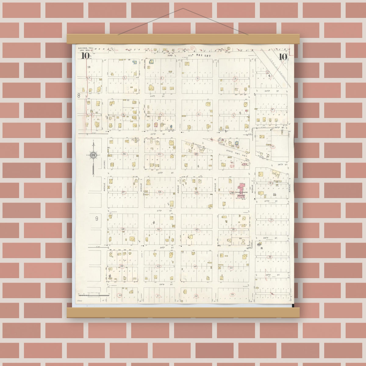Old map wall art mockup — magnetic wood frame on brick wall — Sanborn Fire Insurance Map from Snyder, Scurry County, Texas (1942), Sheet #0010