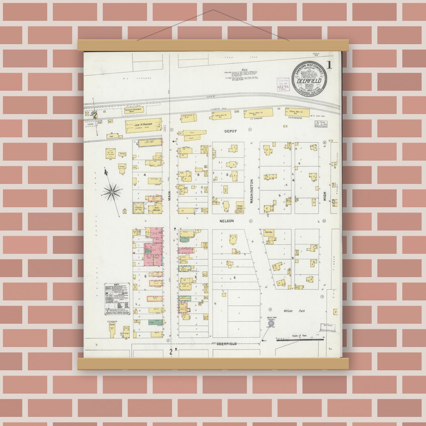 Old map wall art mockup — magnetic wood frame on brick wall — Sanborn Fire Insurance Map from Deerfield, Dane County, Wisconsin (1903), Sheet #0001