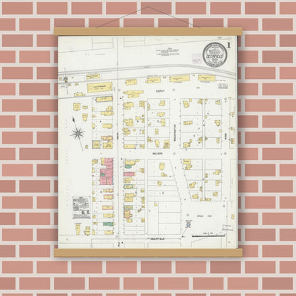 Old map wall art mockup — magnetic wood frame on brick wall — Sanborn Fire Insurance Map from Deerfield, Dane County, Wisconsin (1903), Sheet #0001