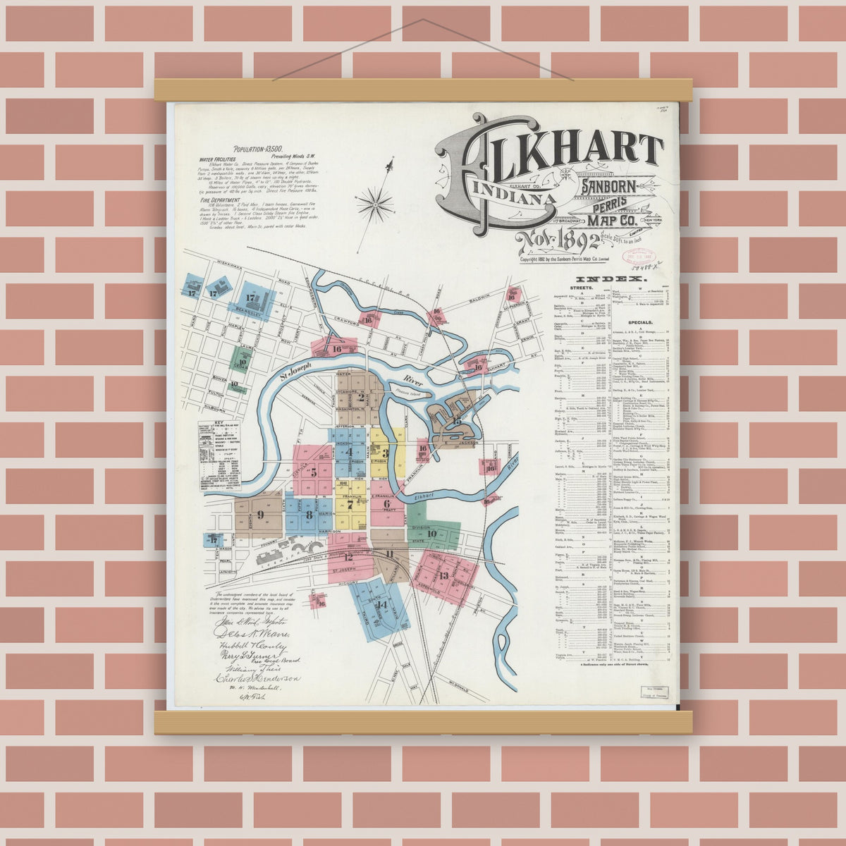 Old map wall art mockup — magnetic wood frame on brick wall — Sanborn Fire Insurance Map from Elkhart, Elkhart County, Indiana (1892) - Complete Map Set