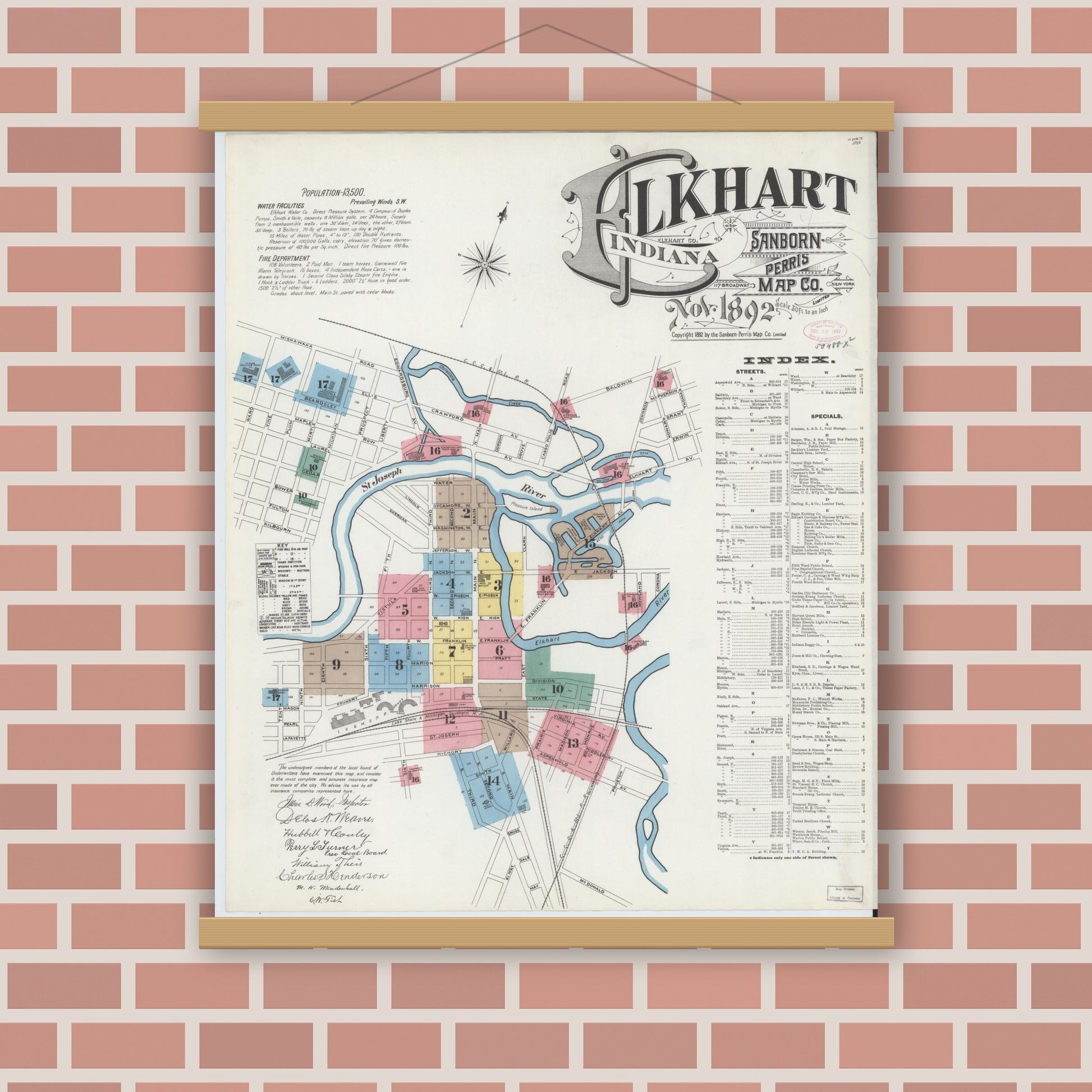 Old map wall art mockup — magnetic wood frame on brick wall — Sanborn Fire Insurance Map from Elkhart, Elkhart County, Indiana (1892) - Complete Map Set