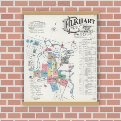 Old map wall art mockup — magnetic wood frame on brick wall — Sanborn Fire Insurance Map from Elkhart, Elkhart County, Indiana (1892) - Complete Map Set