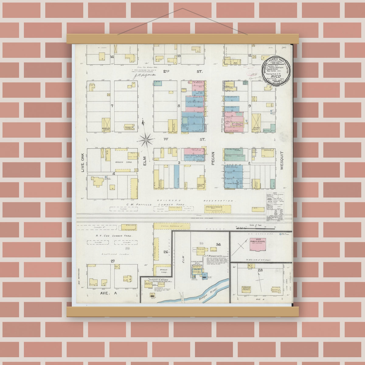 Old map wall art mockup — magnetic wood frame on brick wall — Sanborn Fire Insurance Map from Hico, Hamilton County, Texas (1893), Sheet #0001
