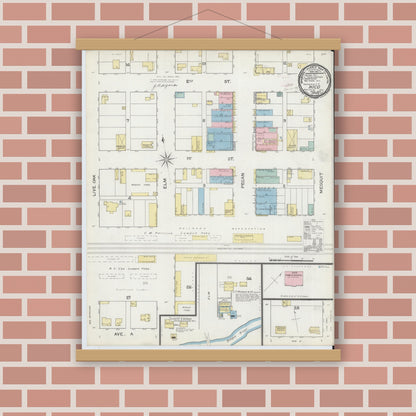 Old map wall art mockup — magnetic wood frame on brick wall — Sanborn Fire Insurance Map from Hico, Hamilton County, Texas (1893), Sheet #0001