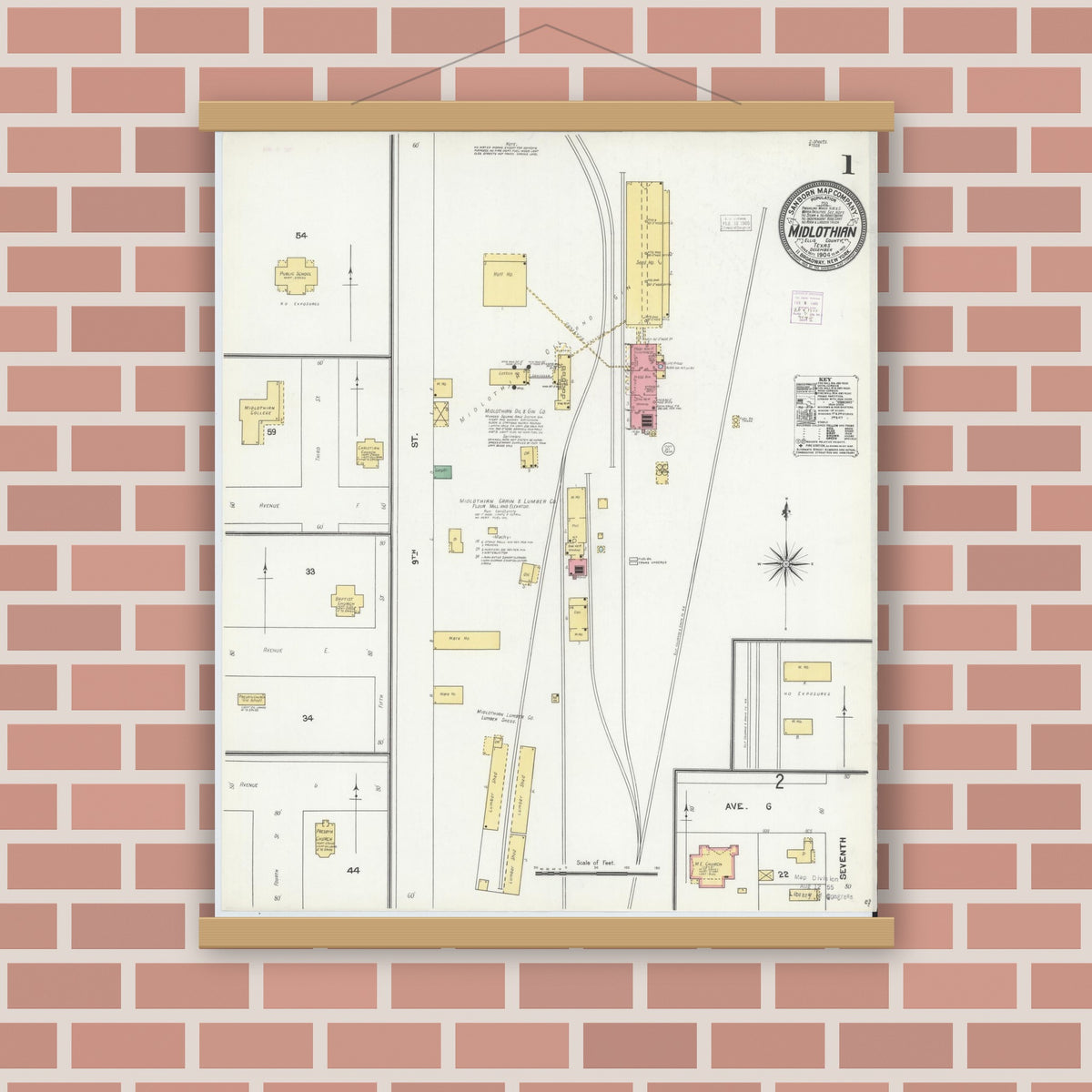 Old map wall art mockup — magnetic wood frame on brick wall — Sanborn Fire Insurance Map from Midlothian, Ellis County, Texas (1904) - Complete Map Set