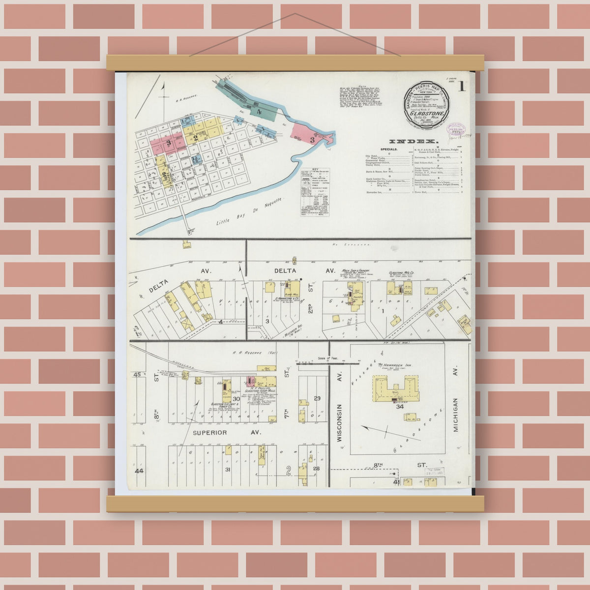 Old map wall art mockup — magnetic wood frame on brick wall — Sanborn Fire Insurance Map from Gladstone, Delta County, Michigan (1893), Sheet #0001
