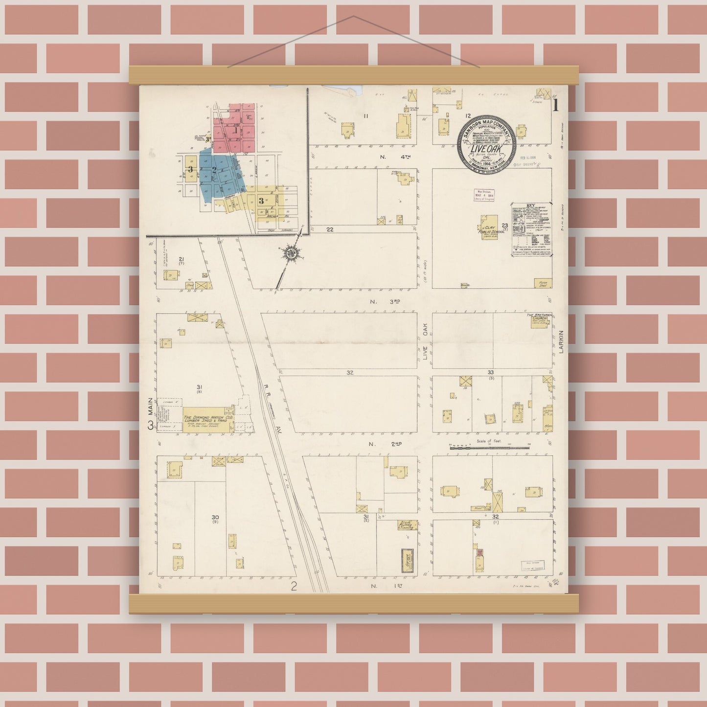 Old map wall art mockup — magnetic wood frame on brick wall — Sanborn Fire Insurance Map from Live Oak, Sutter County, California (1914) - Complete Map Set