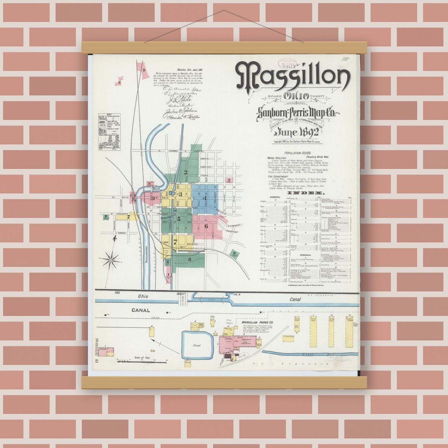 Old map wall art mockup — magnetic wood frame on brick wall — Sanborn Fire Insurance Map from Massillon, Stark County, Ohio (1892), Sheet #0001
