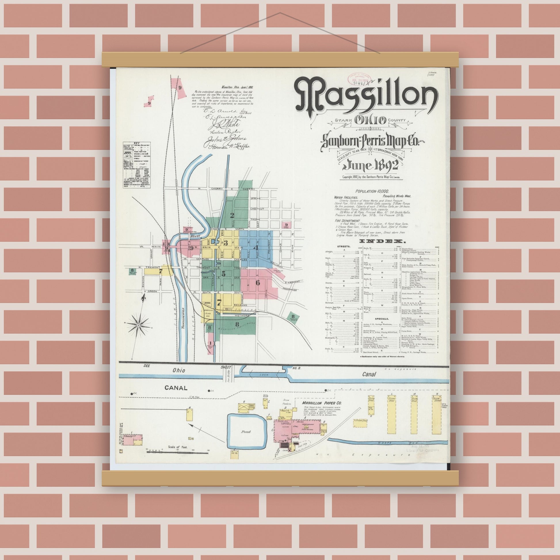 Old map wall art mockup — magnetic wood frame on brick wall — Sanborn Fire Insurance Map from Massillon, Stark County, Ohio (1892), Sheet #0001