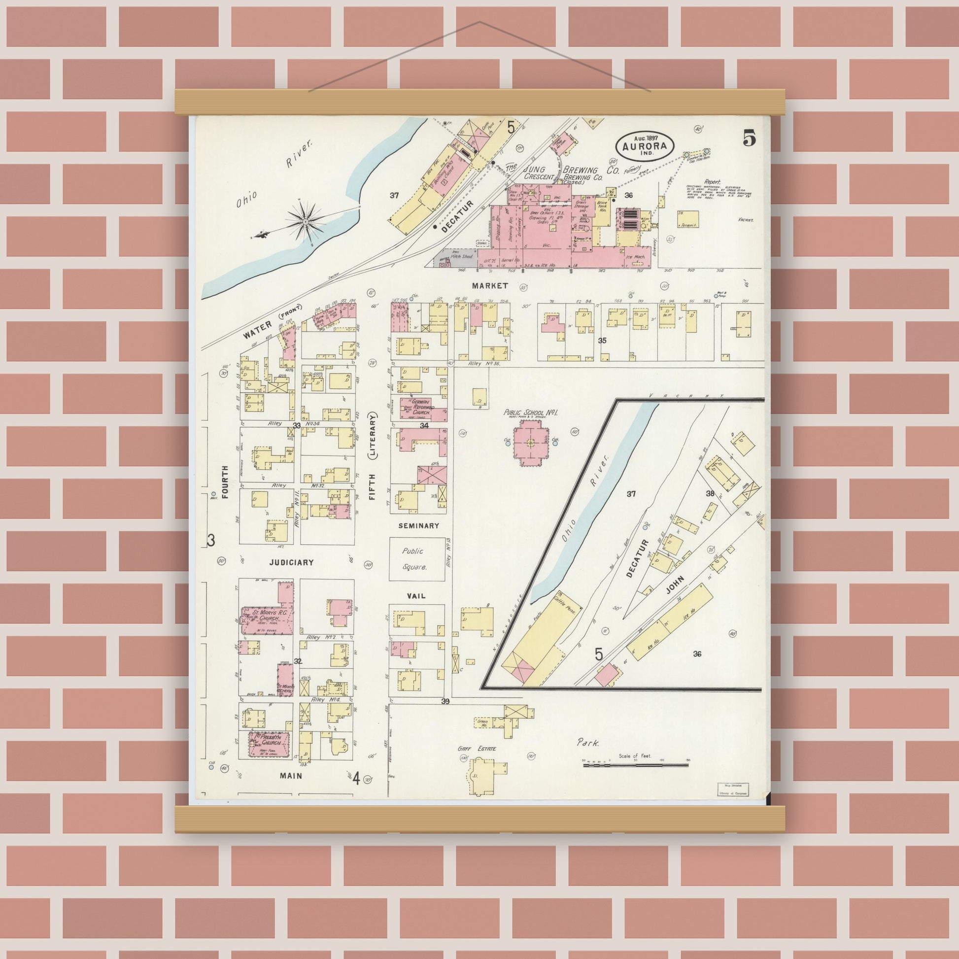 Old map wall art mockup — magnetic wood frame on brick wall — Sanborn Fire Insurance Map from Aurora, Dearborn County, Indiana (1897), Sheet #0005