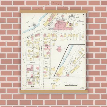 Old map wall art mockup — magnetic wood frame on brick wall — Sanborn Fire Insurance Map from Aurora, Dearborn County, Indiana (1897), Sheet #0005
