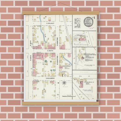 Old map wall art mockup — magnetic wood frame on brick wall — Sanborn Fire Insurance Map from Wilmington, Clinton County, Ohio (1890), Sheet #0001