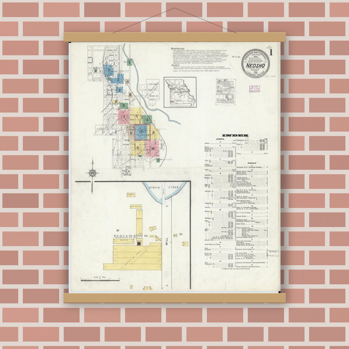 Old map wall art mockup — magnetic wood frame on brick wall — Sanborn Fire Insurance Map from Neosho, Newton County, Missouri (1916) - Complete Map Set