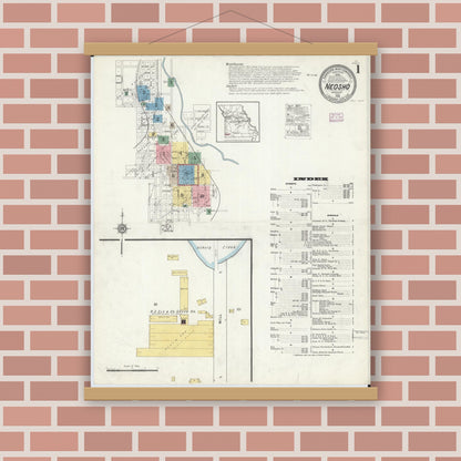 Old map wall art mockup — magnetic wood frame on brick wall — Sanborn Fire Insurance Map from Neosho, Newton County, Missouri (1916) - Complete Map Set
