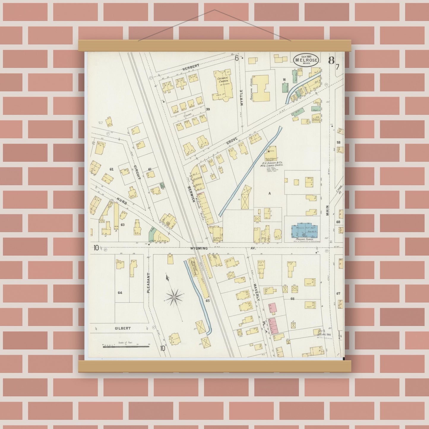 Old map wall art mockup — magnetic wood frame on brick wall — Sanborn Fire Insurance Map from Melrose, Middlesex County, Massachusetts (1897), Sheet #0008