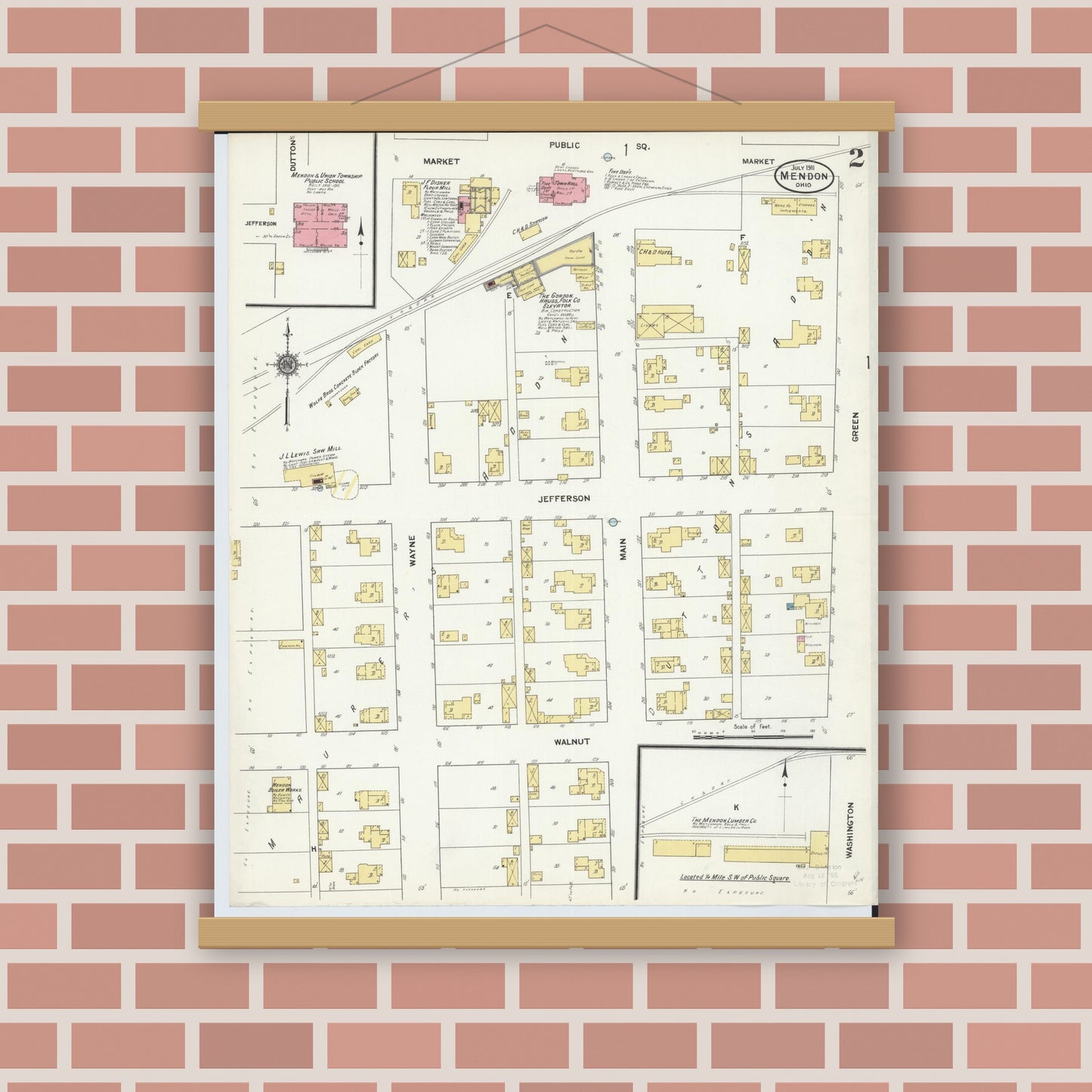 Old map wall art mockup — magnetic wood frame on brick wall — Sanborn Fire Insurance Map from Mendon, Mercer County, Ohio (1911), Sheet #0002