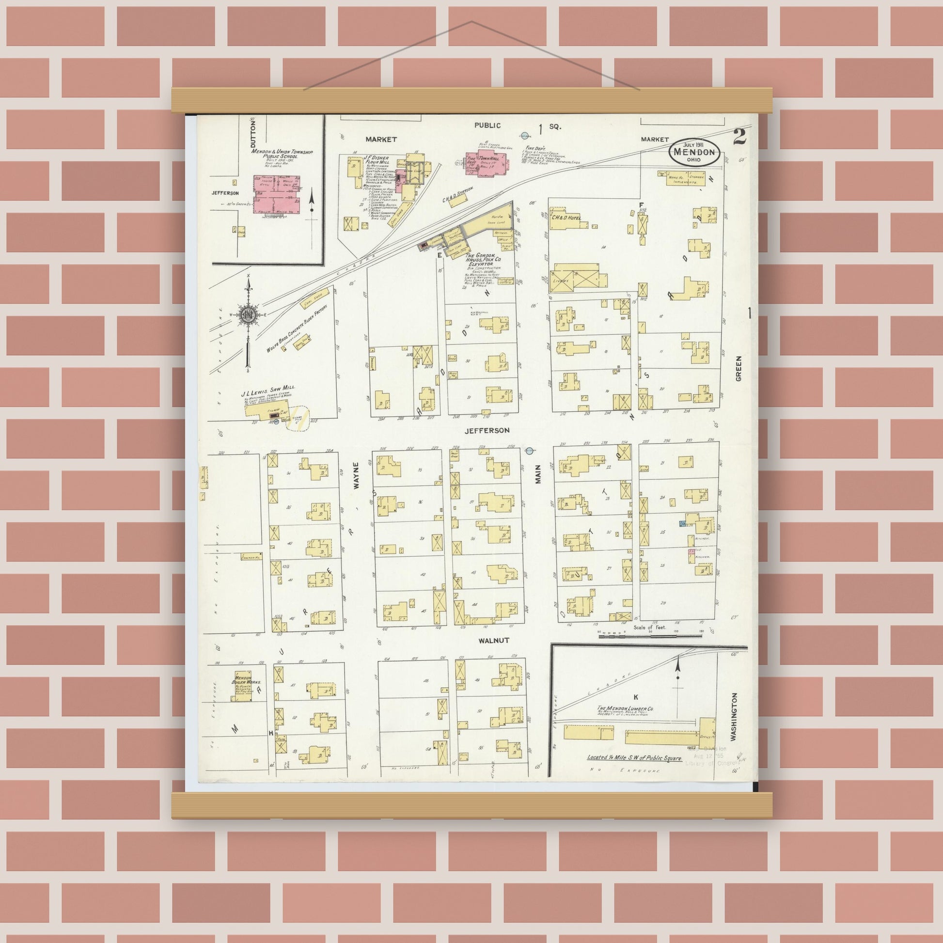 Old map wall art mockup — magnetic wood frame on brick wall — Sanborn Fire Insurance Map from Mendon, Mercer County, Ohio (1911), Sheet #0002