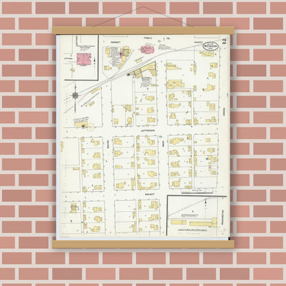 Old map wall art mockup — magnetic wood frame on brick wall — Sanborn Fire Insurance Map from Mendon, Mercer County, Ohio (1911), Sheet #0002