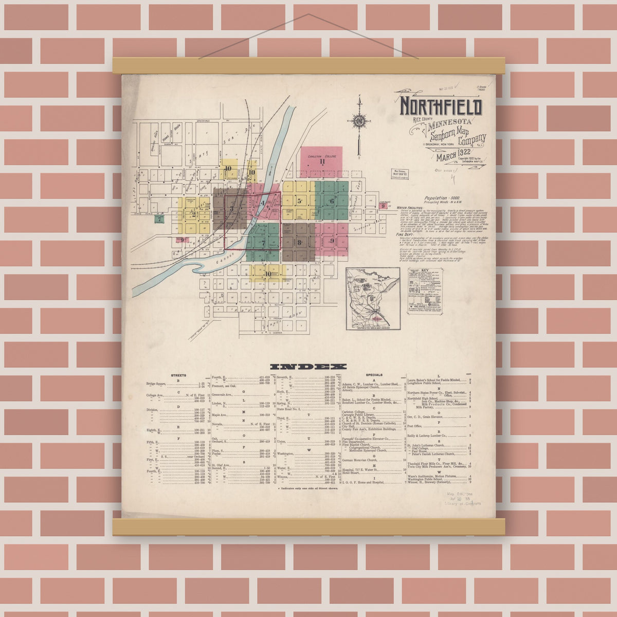 Old map wall art mockup — magnetic wood frame on brick wall — Sanborn Fire Insurance Map from Northfield, Rice County, Minnesota (1922) - Complete Map Set