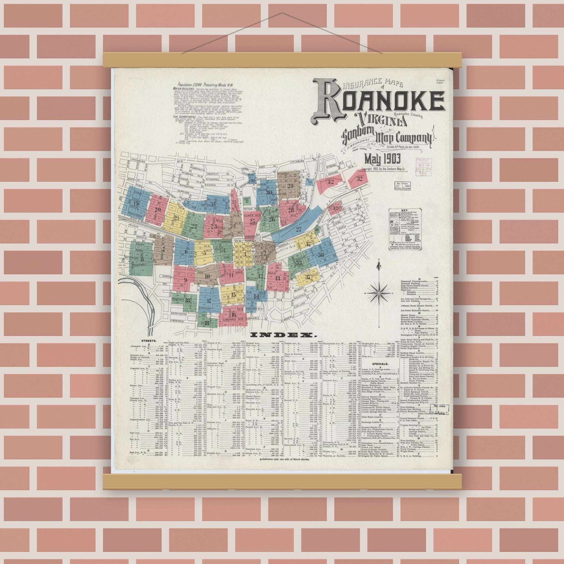 Old map wall art mockup — magnetic wood frame on brick wall — Sanborn Fire Insurance Map from Roanoke, Independent Cities, Virginia (1903), Sheet #0001