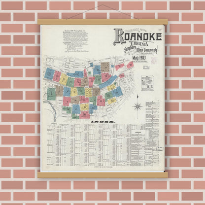 Old map wall art mockup — magnetic wood frame on brick wall — Sanborn Fire Insurance Map from Roanoke, Independent Cities, Virginia (1903), Sheet #0001