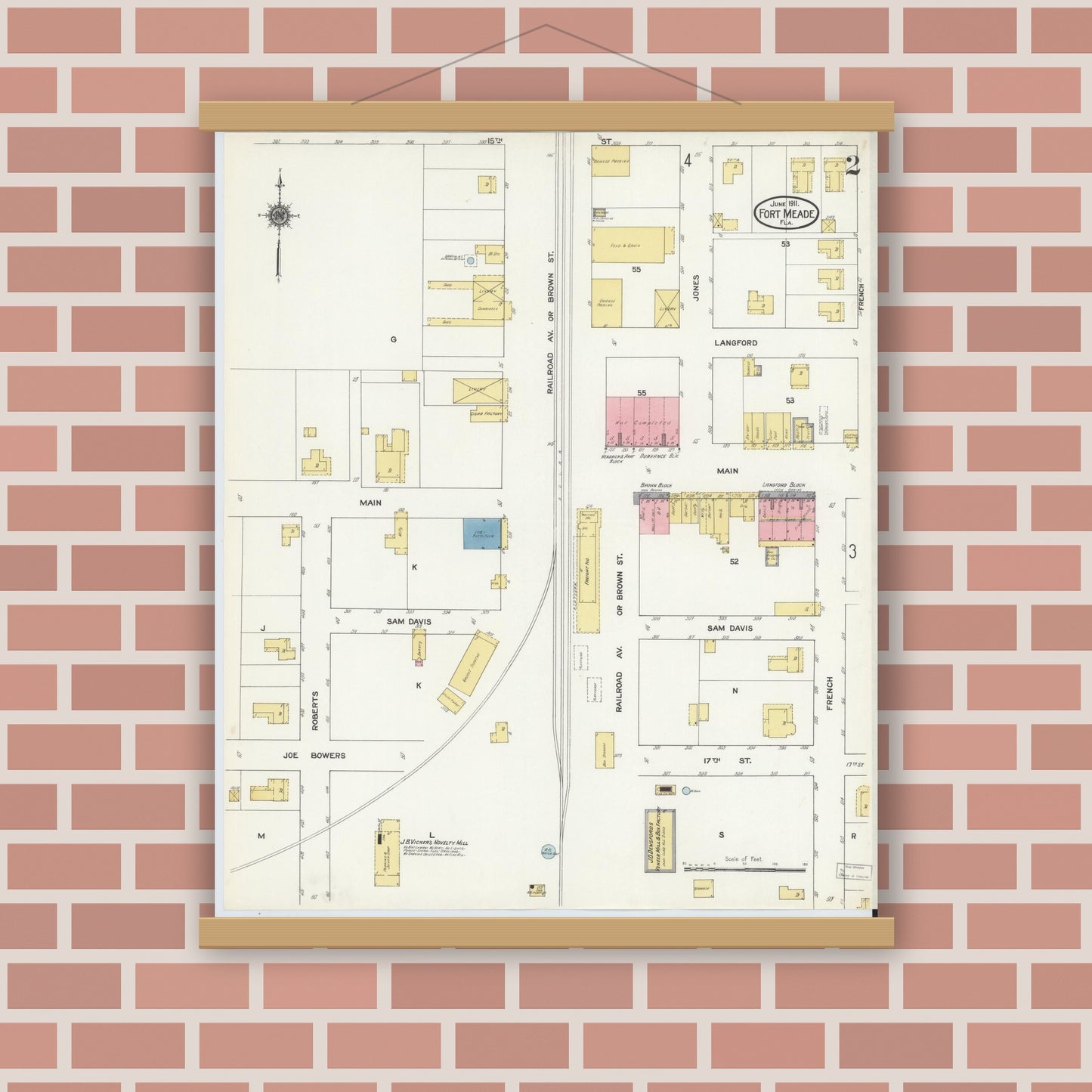 Old map wall art mockup — magnetic wood frame on brick wall — Sanborn Fire Insurance Map from Fort Meade, Polk County, Florida (1911), Sheet #0002
