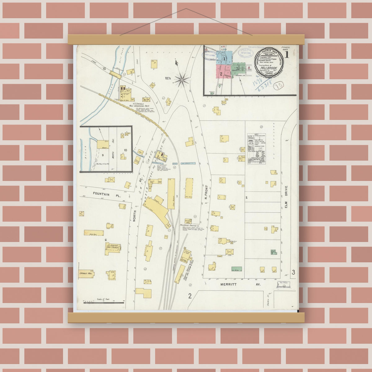 Old map wall art mockup — magnetic wood frame on brick wall — Sanborn Fire Insurance Map from Millbrook, Dutchess County, New York (1898), Sheet #0001