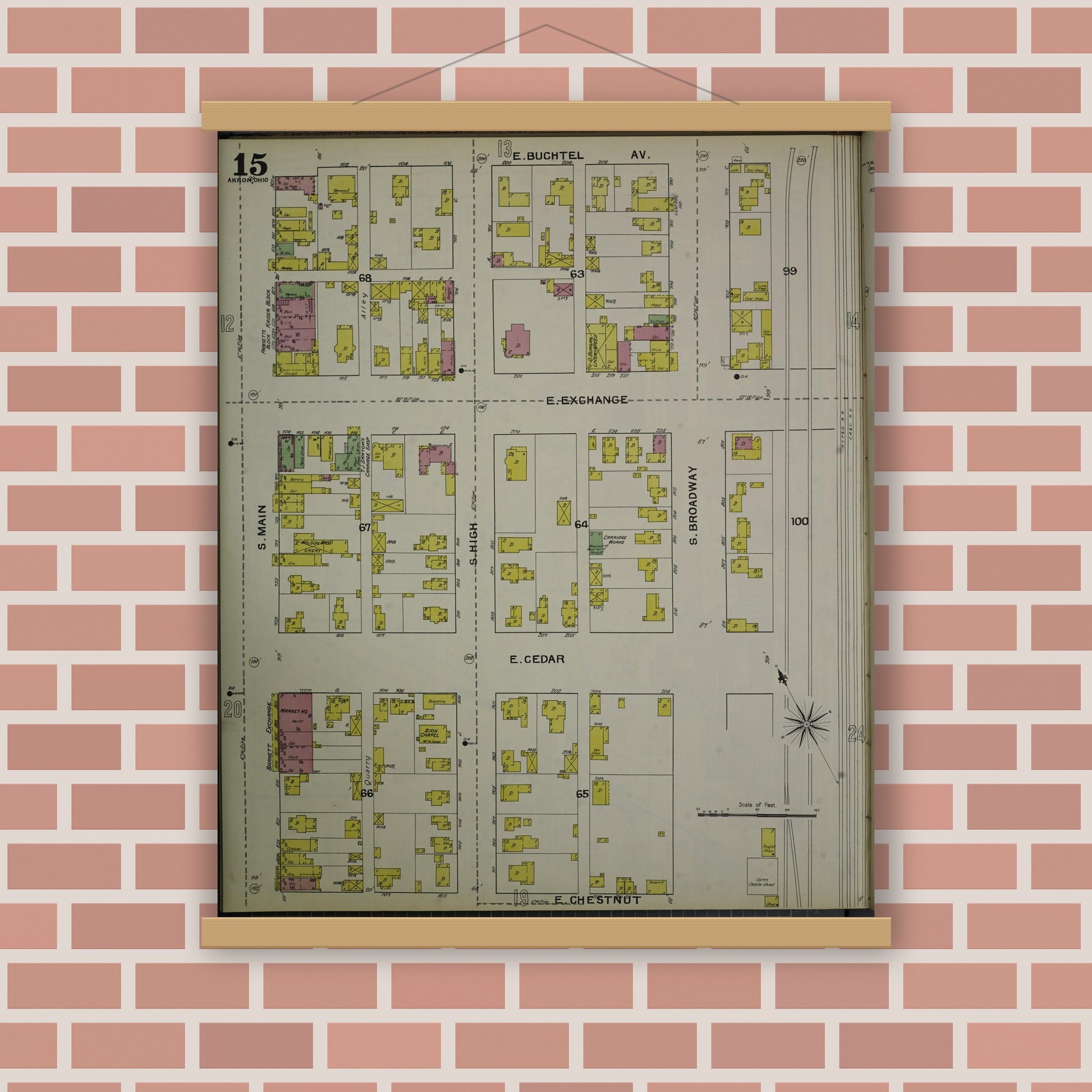 Old map wall art mockup — magnetic wood frame on brick wall — Sanborn Fire Insurance Map from Akron, Summit County, Ohio (1892), Sheet #0015
