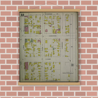 Old map wall art mockup — magnetic wood frame on brick wall — Sanborn Fire Insurance Map from Akron, Summit County, Ohio (1892), Sheet #0015