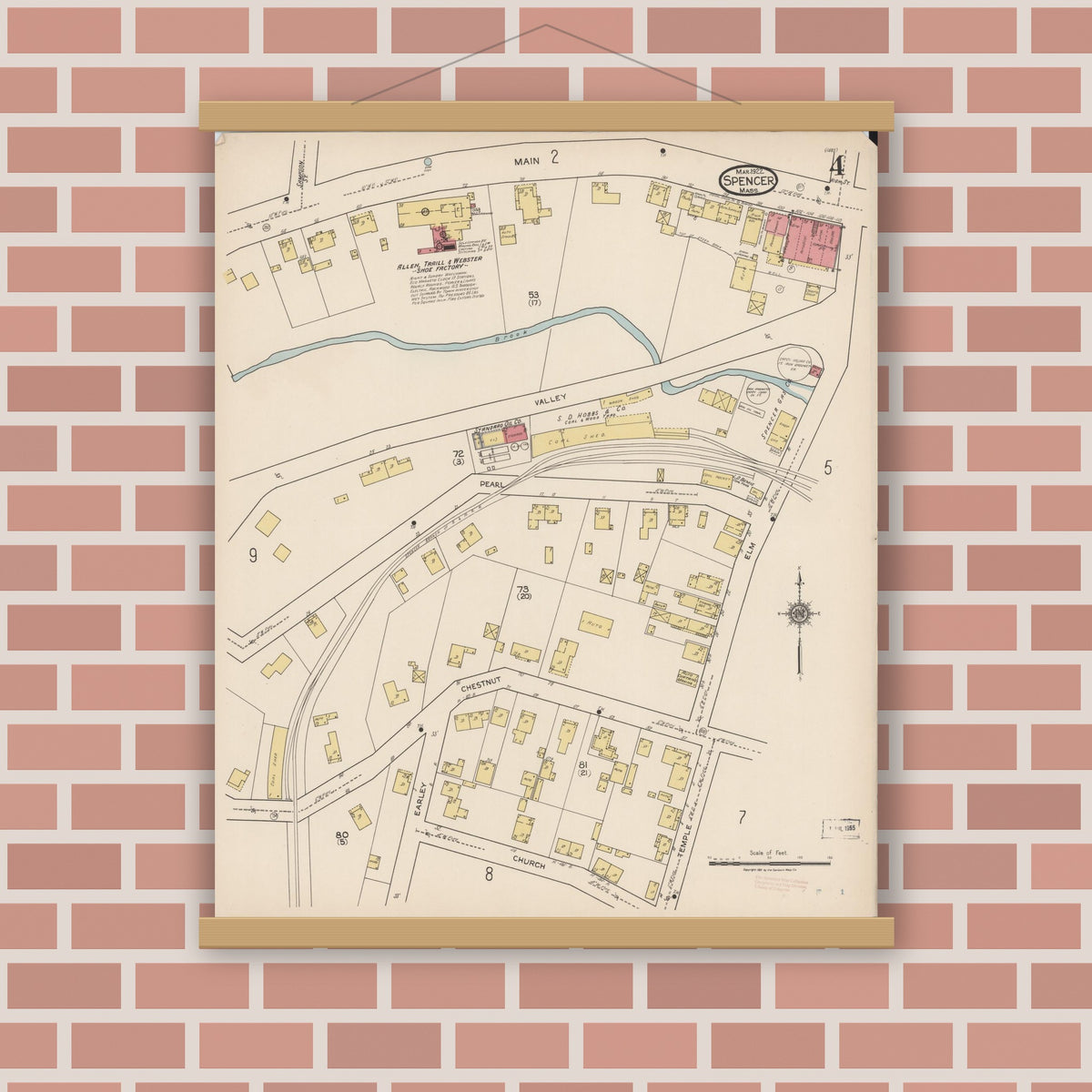 Old map wall art mockup — magnetic wood frame on brick wall — Sanborn Fire Insurance Map from Spencer, Worcester County, Massachusetts (1922), Sheet #0004