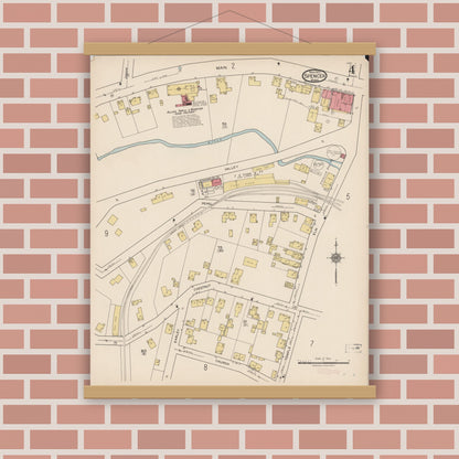 Old map wall art mockup — magnetic wood frame on brick wall — Sanborn Fire Insurance Map from Spencer, Worcester County, Massachusetts (1922), Sheet #0004