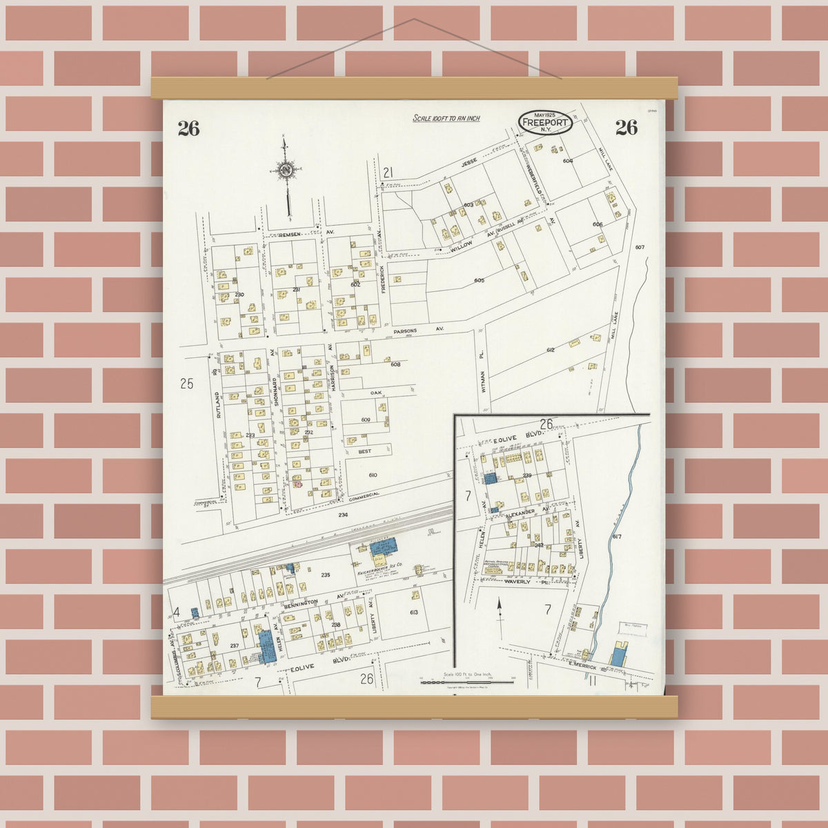 Old map wall art mockup — magnetic wood frame on brick wall — Sanborn Fire Insurance Map from Freeport, Nassau County, New York (1925), Sheet #0026