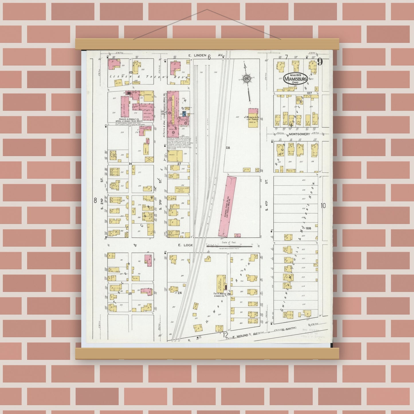 Old map wall art mockup — magnetic wood frame on brick wall — Sanborn Fire Insurance Map from Miamisburg, Montgomery County, Ohio (1919), Sheet #0009