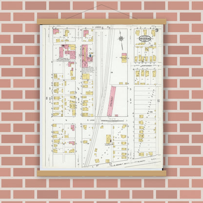 Old map wall art mockup — magnetic wood frame on brick wall — Sanborn Fire Insurance Map from Miamisburg, Montgomery County, Ohio (1919), Sheet #0009