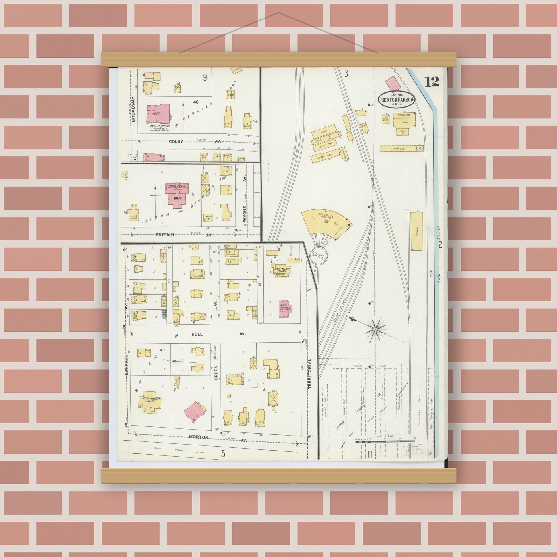 Old map wall art mockup — magnetic wood frame on brick wall — Sanborn Fire Insurance Map from Benton Harbor, Berrien County, Michigan (1905), Sheet #0012