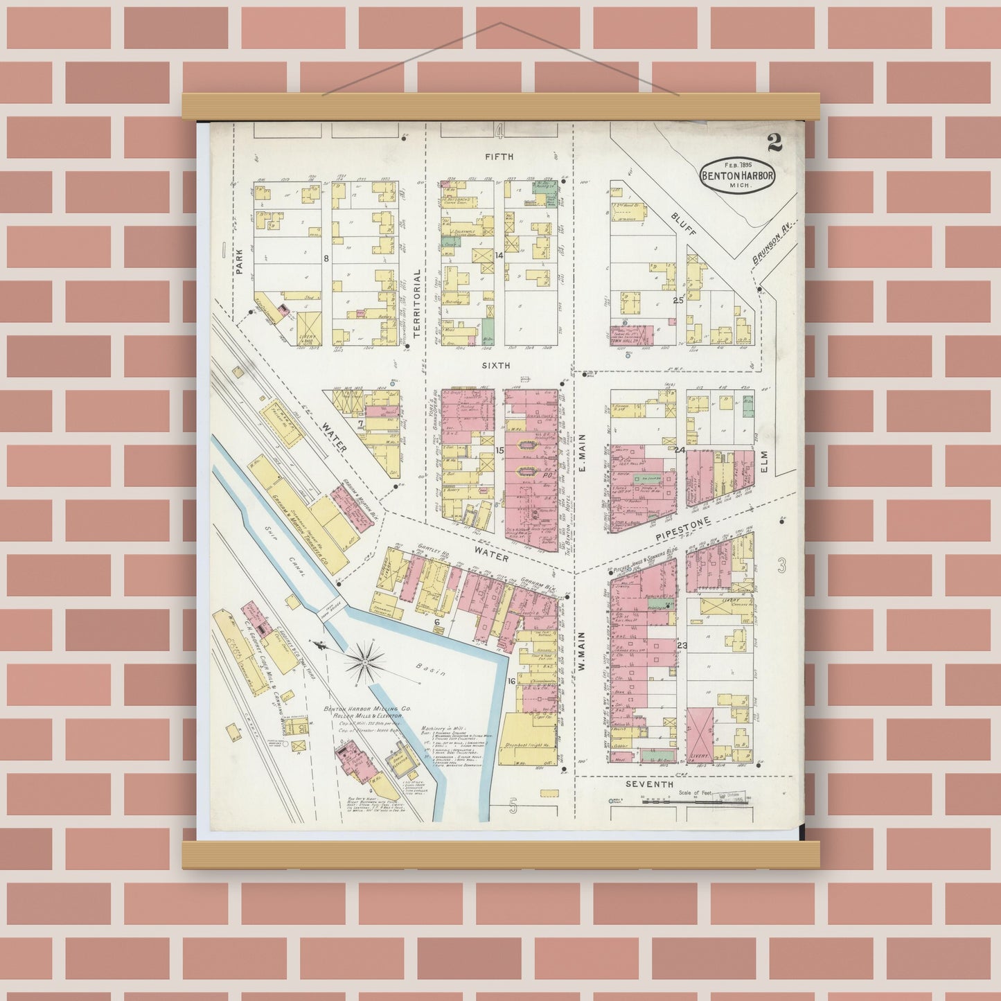 Old map wall art mockup — magnetic wood frame on brick wall — Sanborn Fire Insurance Map from Benton Harbor, Berrien County, Michigan (1895), Sheet #0002
