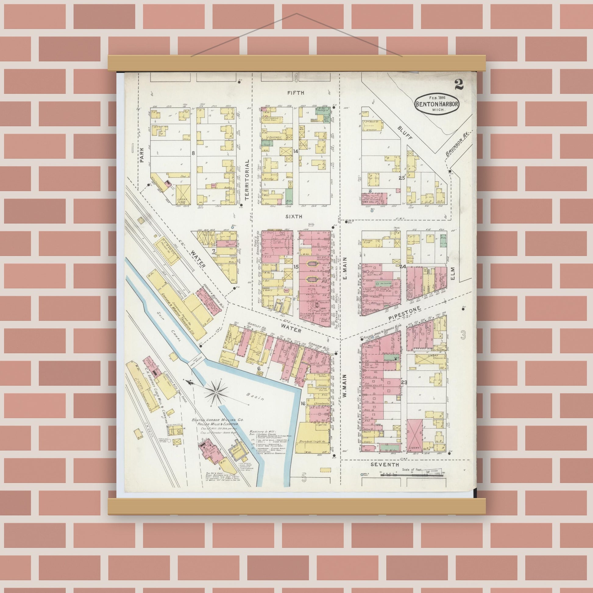 Old map wall art mockup — magnetic wood frame on brick wall — Sanborn Fire Insurance Map from Benton Harbor, Berrien County, Michigan (1895), Sheet #0002