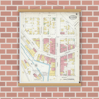 Old map wall art mockup — magnetic wood frame on brick wall — Sanborn Fire Insurance Map from Benton Harbor, Berrien County, Michigan (1895), Sheet #0002