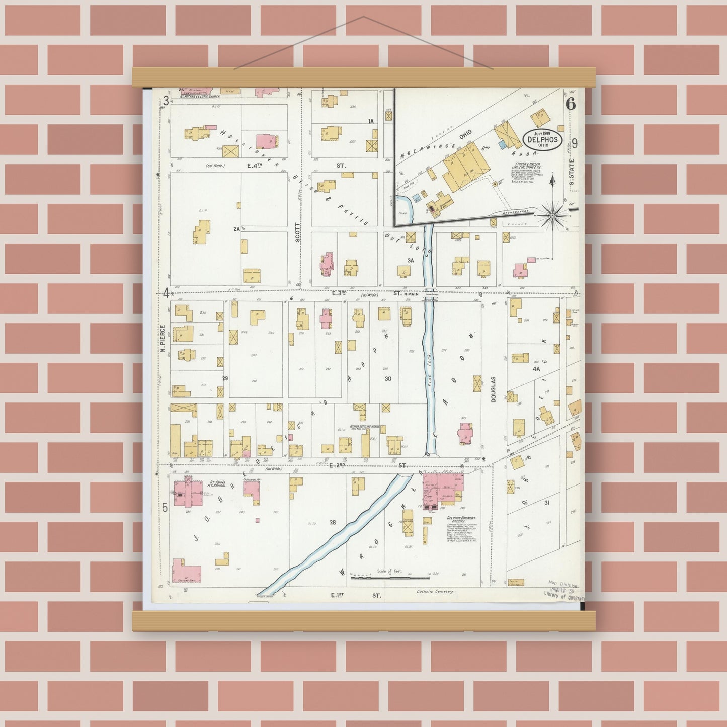 Old map wall art mockup — magnetic wood frame on brick wall — Sanborn Fire Insurance Map from Delphos, Van Wert And Allen Counties, Ohio (1899), Sheet #0006