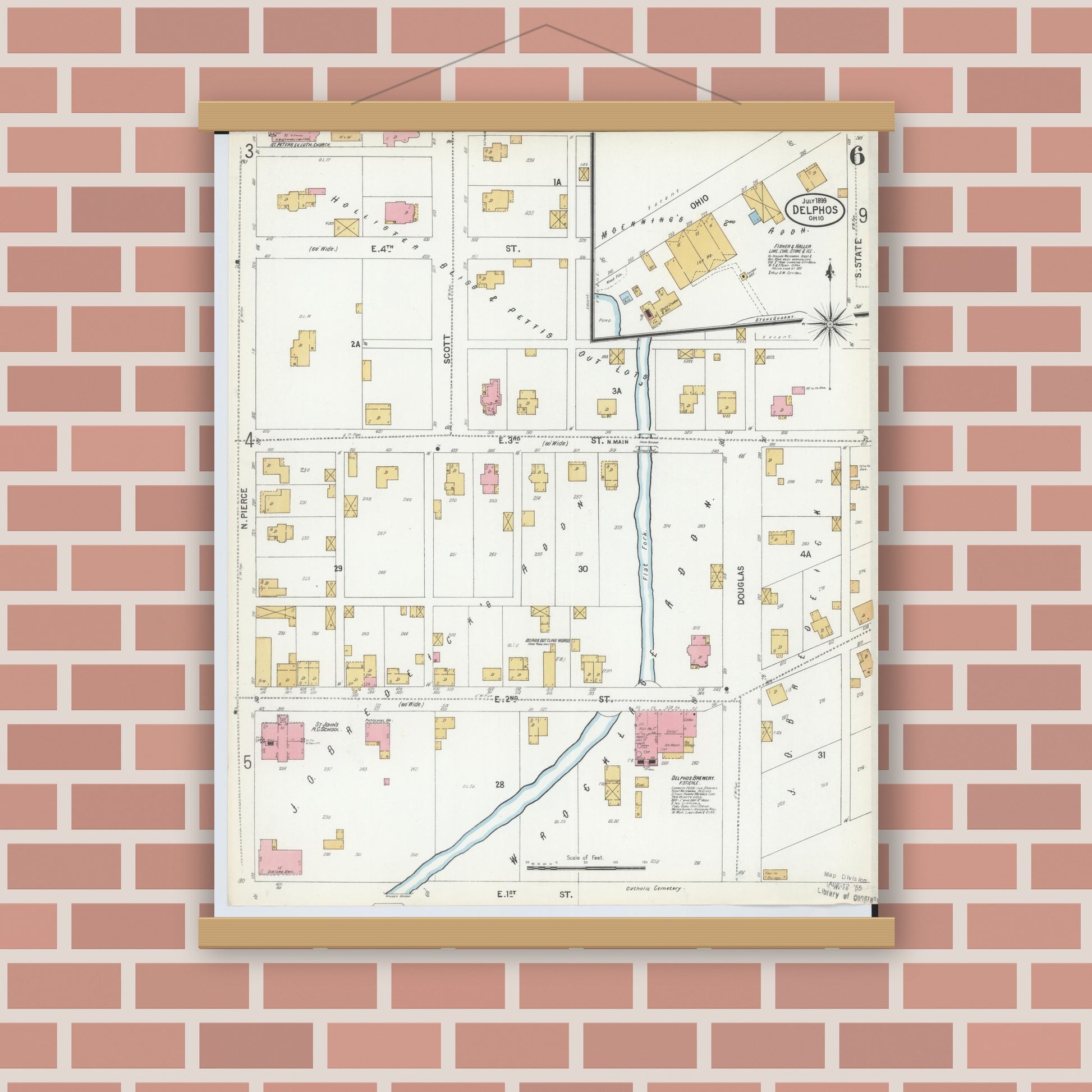 Old map wall art mockup — magnetic wood frame on brick wall — Sanborn Fire Insurance Map from Delphos, Van Wert And Allen Counties, Ohio (1899), Sheet #0006