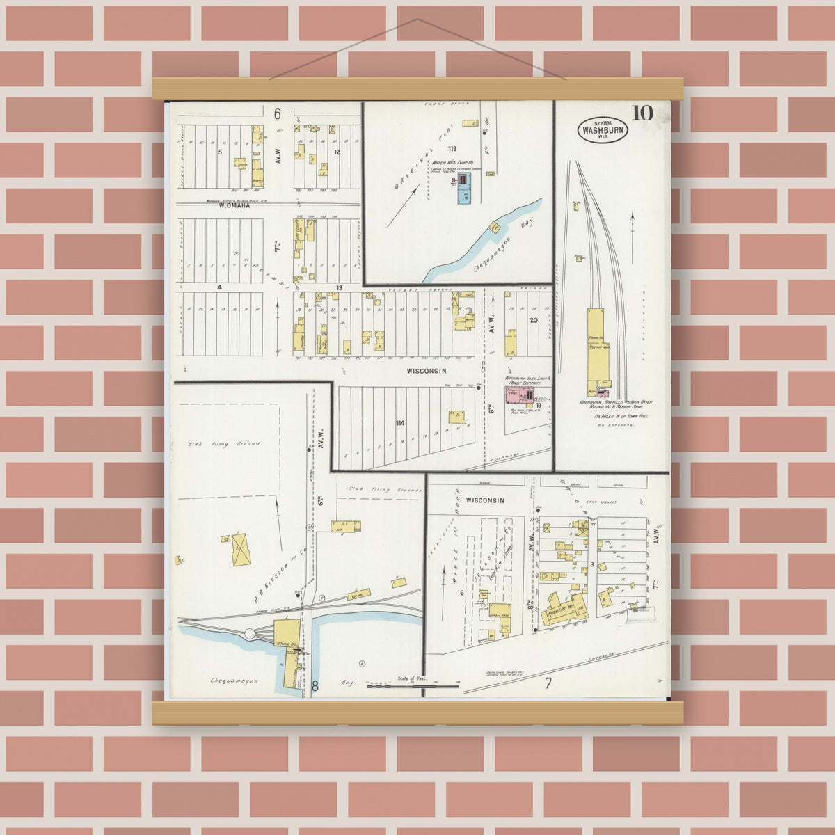 Old map wall art mockup — magnetic wood frame on brick wall — Sanborn Fire Insurance Map from Washburn, Bayfield County, Wisconsin (1898), Sheet #0010
