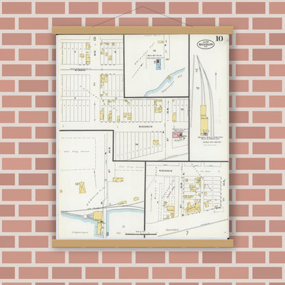 Old map wall art mockup — magnetic wood frame on brick wall — Sanborn Fire Insurance Map from Washburn, Bayfield County, Wisconsin (1898), Sheet #0010