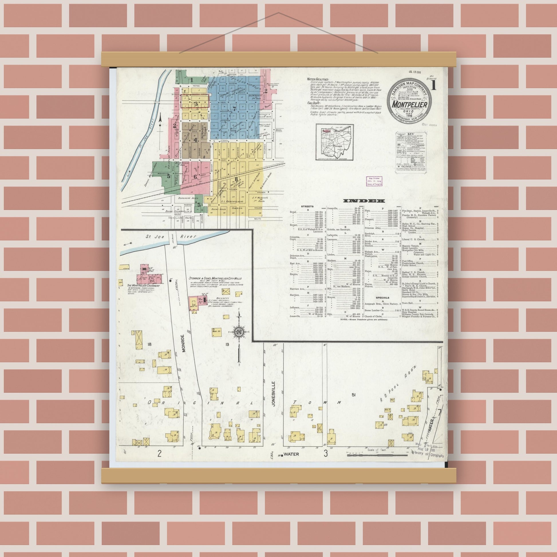 Old map wall art mockup — magnetic wood frame on brick wall — Sanborn Fire Insurance Map from Montpelier, Williams County, Ohio (1916), Sheet #0001