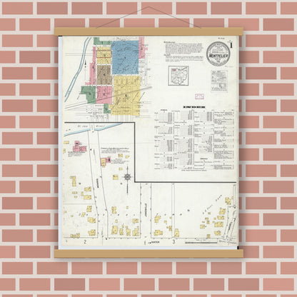 Old map wall art mockup — magnetic wood frame on brick wall — Sanborn Fire Insurance Map from Montpelier, Williams County, Ohio (1916), Sheet #0001