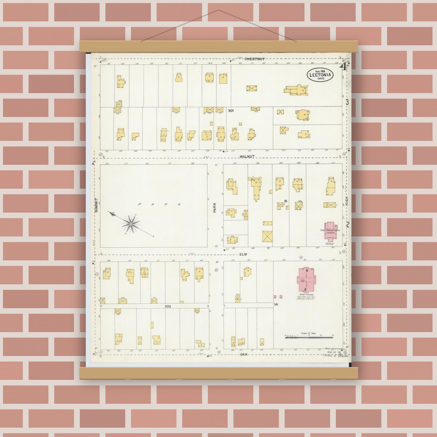 Old map wall art mockup — magnetic wood frame on brick wall — Sanborn Fire Insurance Map from Leetonia, Columbiana County, Ohio (1903), Sheet #0004