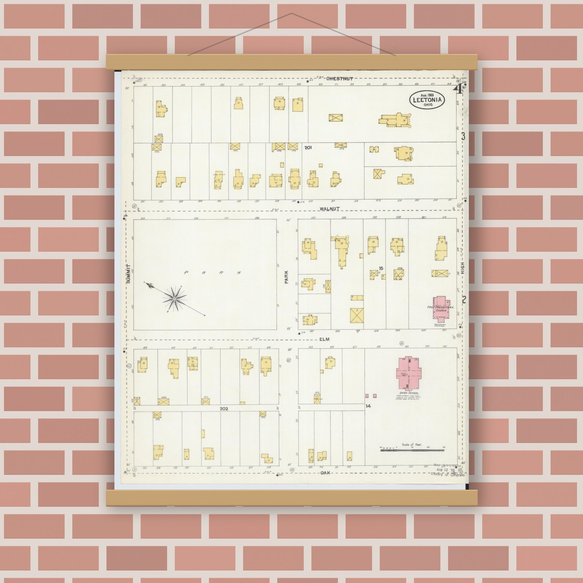 Old map wall art mockup — magnetic wood frame on brick wall — Sanborn Fire Insurance Map from Leetonia, Columbiana County, Ohio (1903), Sheet #0004