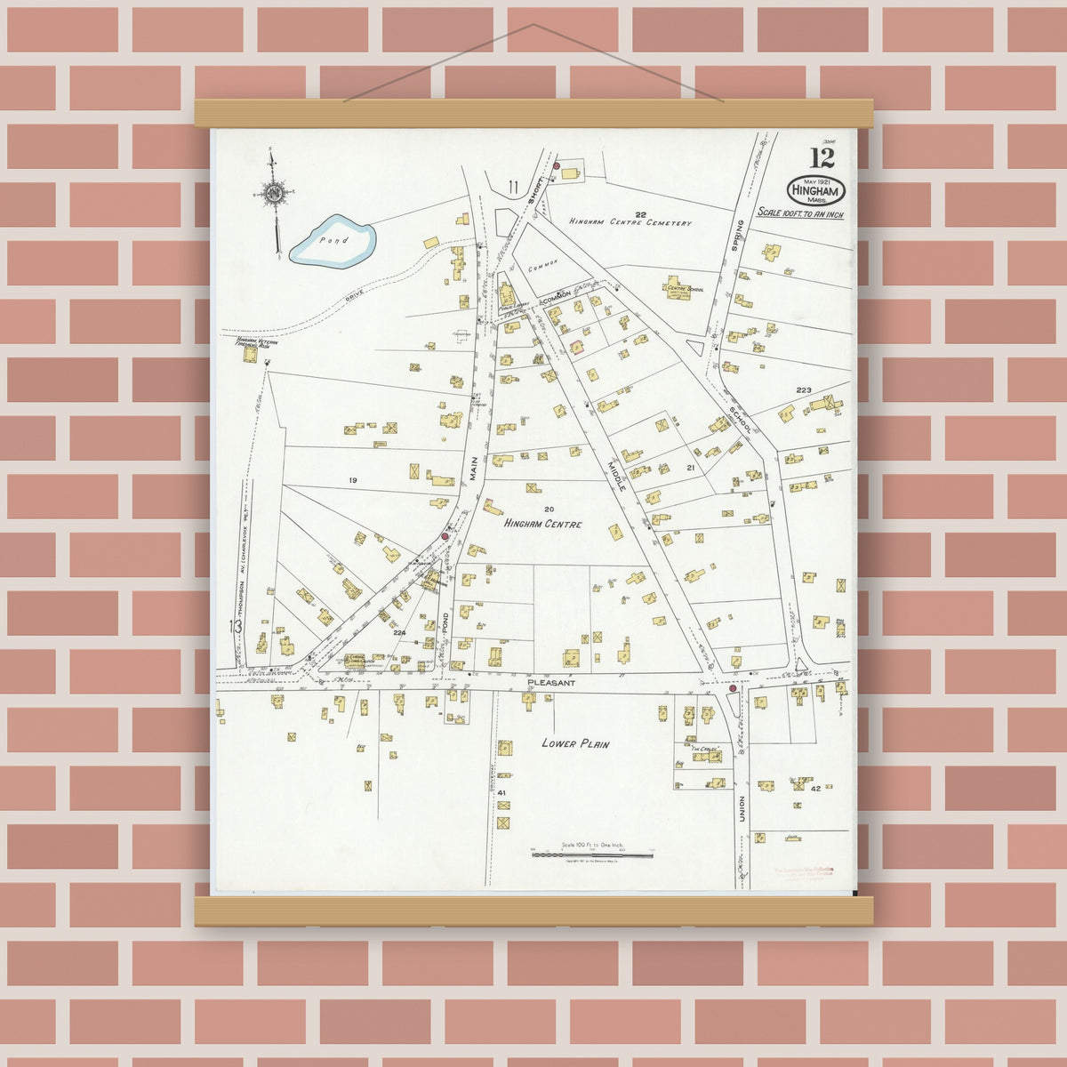 Old map wall art mockup — magnetic wood frame on brick wall — Sanborn Fire Insurance Map from Hingham, Plymouth County, Massachusetts (1921), Sheet #0012