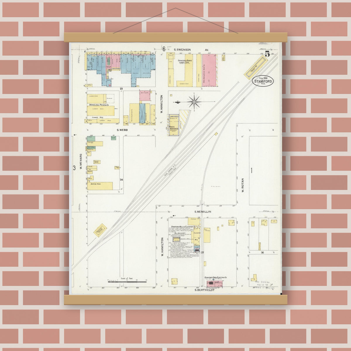Old map wall art mockup — magnetic wood frame on brick wall — Sanborn Fire Insurance Map from Stamford, Jones County, Texas (1908), Sheet #0005