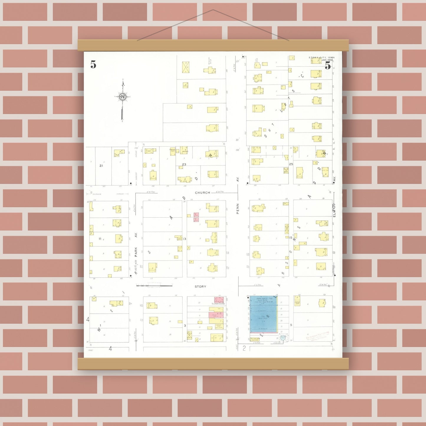 Old map wall art mockup — magnetic wood frame on brick wall — Sanborn Fire Insurance Map from Story City, Story County, Iowa (1932), Sheet #0005