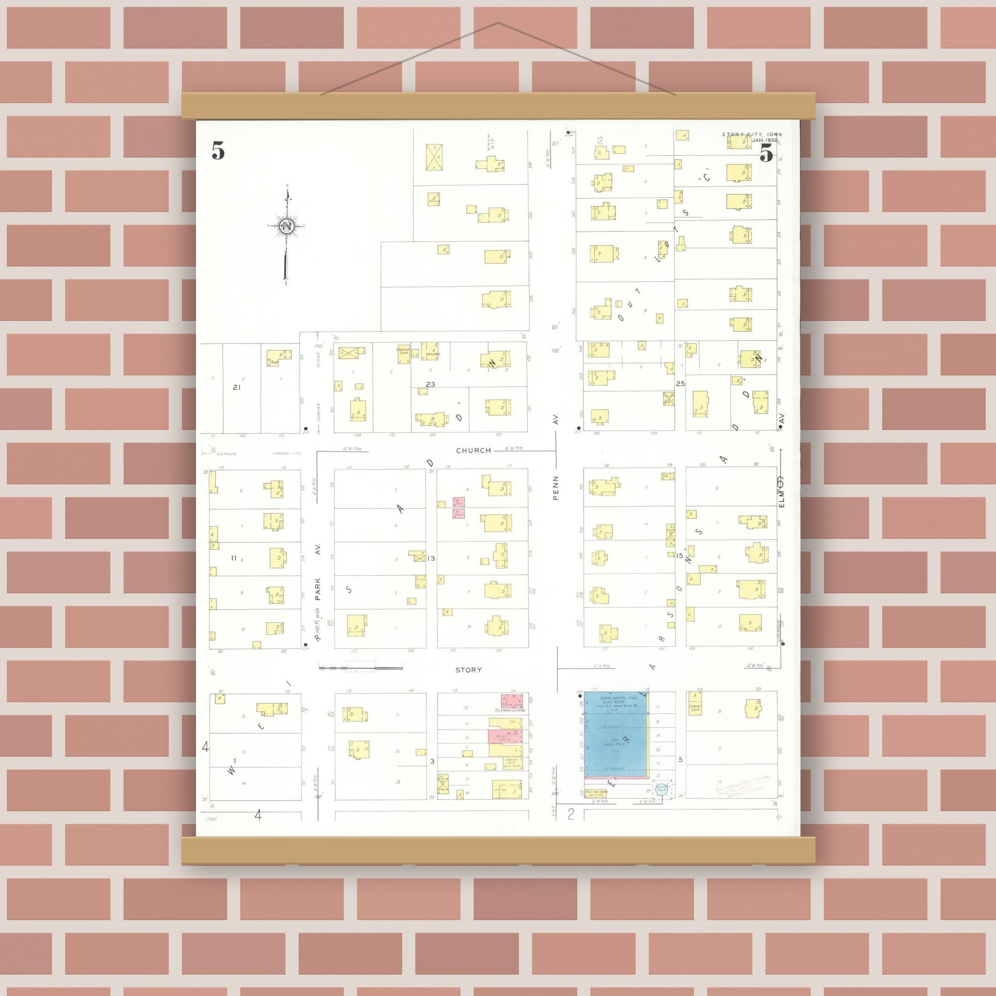 Old map wall art mockup — magnetic wood frame on brick wall — Sanborn Fire Insurance Map from Story City, Story County, Iowa (1932), Sheet #0005